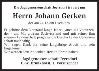 Traueranzeige von Johann Gerken von KREISZEITUNG SYKE