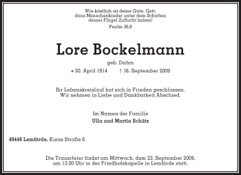 Traueranzeige von Lore Bockelmann von KREISZEITUNG SYKE