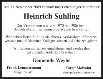 Traueranzeige von Heinrich Suhling von KREISZEITUNG SYKE