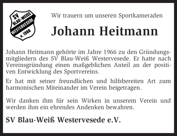 Traueranzeige von Johann Heitmann von KREISZEITUNG SYKE