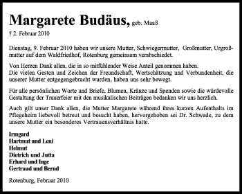 Traueranzeige von Margarete Budäus von KREISZEITUNG SYKE
