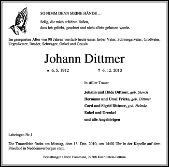 Traueranzeige von Johann Dittmer von KREISZEITUNG SYKE