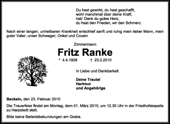 Traueranzeige von Fritz Ranke von KREISZEITUNG SYKE