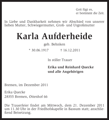 Traueranzeige von Karla Aufderheide von KREISZEITUNG SYKE