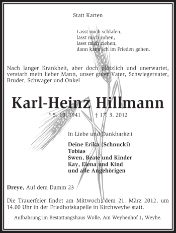 Traueranzeige von Karl-Heinz Hillmann von KREISZEITUNG SYKE