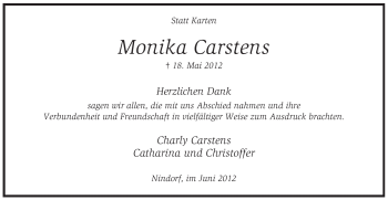 Traueranzeige von Monika Carstens von KREISZEITUNG SYKE