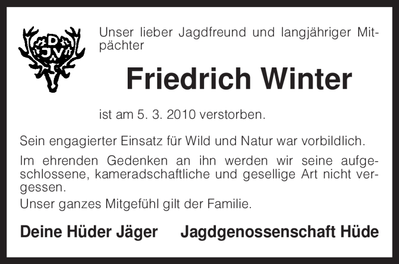  Traueranzeige für Friedrich Winter vom 09.03.2010 aus KREISZEITUNG SYKE