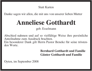 Traueranzeige von Anneliese Gotthardt von KREISZEITUNG SYKE