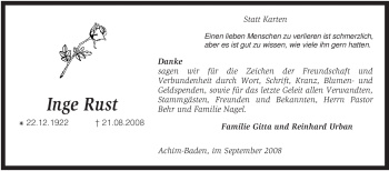 Traueranzeige von Inge Rust von KREISZEITUNG SYKE