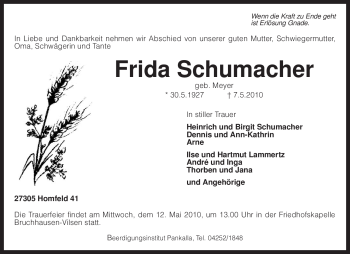 Traueranzeige von Frida Schumacher von KREISZEITUNG SYKE