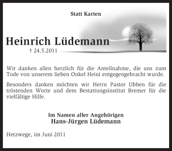 Traueranzeige von Heinrich Lüdemann von KREISZEITUNG SYKE