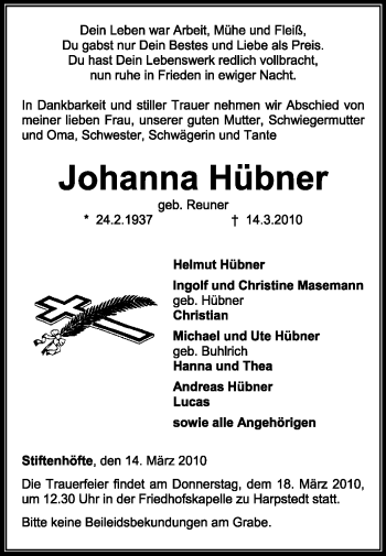 Traueranzeige von Johanna Hübner von KREISZEITUNG SYKE