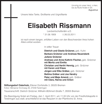 Traueranzeige von Elisabeth Rissmann von KREISZEITUNG SYKE