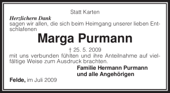 Traueranzeige von Marga Purmann von KREISZEITUNG SYKE