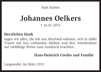 Traueranzeige von Johannes Oelkers von KRZ