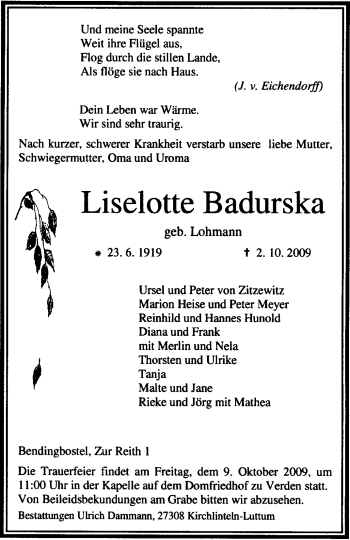 Traueranzeige von Liselotte Badurska von KREISZEITUNG SYKE