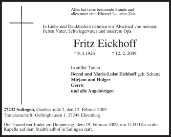 Traueranzeige von Fritz Eickhoff von KREISZEITUNG SYKE