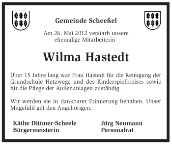 Traueranzeige von Wilma Hastedt von KREISZEITUNG SYKE