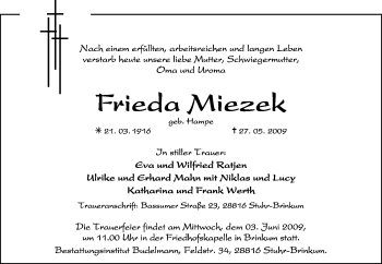 Traueranzeige von Frieda Miezek von KREISZEITUNG SYKE