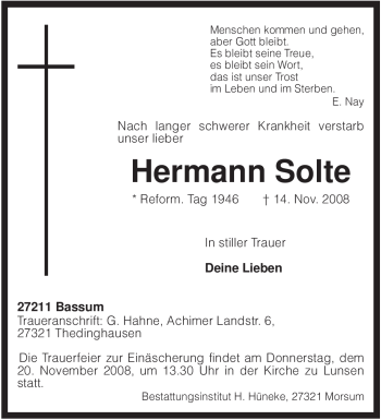 Traueranzeige von Hermann Solte von KREISZEITUNG SYKE