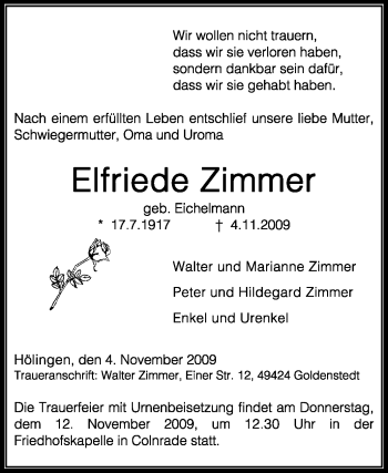 Traueranzeige von Elfriede Zimmer von KREISZEITUNG SYKE