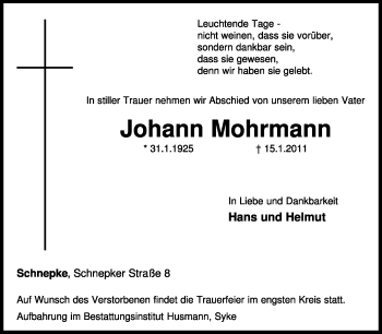 Traueranzeige von Johann Mohrmann von KREISZEITUNG SYKE