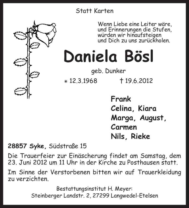  Traueranzeige für Daniela Bösl vom 21.06.2012 aus KREISZEITUNG SYKE