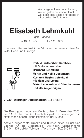 Traueranzeige von Elisabeth Lehmkuhl von KREISZEITUNG SYKE