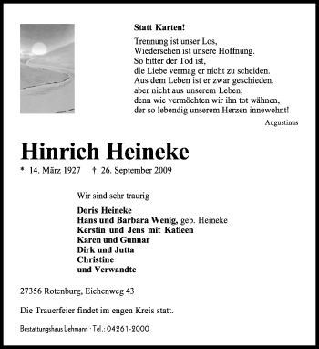Traueranzeige von Hinrich Heineke von KREISZEITUNG SYKE