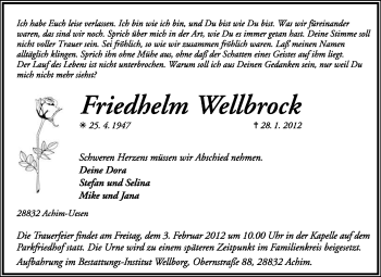 Traueranzeige von Friedhelm Wellbrock von KREISZEITUNG SYKE