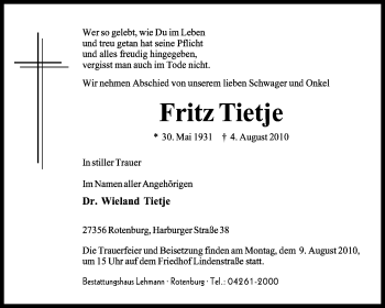Traueranzeige von Fritz Tietje von KREISZEITUNG SYKE
