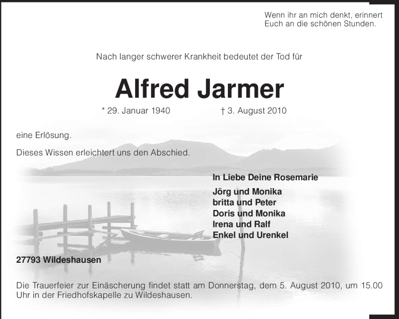  Traueranzeige für Alfred Jarmer vom 04.08.2010 aus KREISZEITUNG SYKE