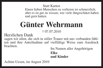 Traueranzeige von Günter Wehrmann von KREISZEITUNG SYKE