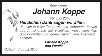 Traueranzeige von Johann Koppe von KREISZEITUNG SYKE