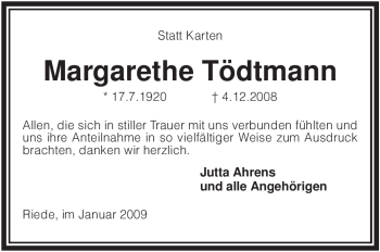 Traueranzeige von Margarethe Tödtmann von KREISZEITUNG SYKE
