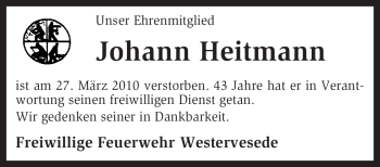 Traueranzeige von Johann Heitmann von KREISZEITUNG SYKE