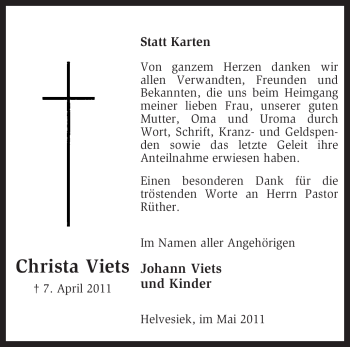 Traueranzeige von Christa Viets von KREISZEITUNG SYKE