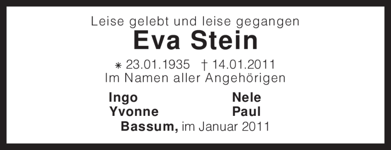  Traueranzeige für Eva Stein vom 22.01.2011 aus KREISZEITUNG SYKE