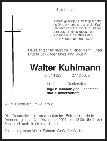 Traueranzeige von Walter Kuhlmann von KREISZEITUNG SYKE