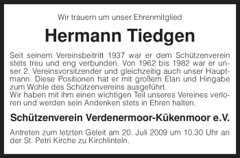 Traueranzeige von Hermann Tiedgen von KREISZEITUNG SYKE