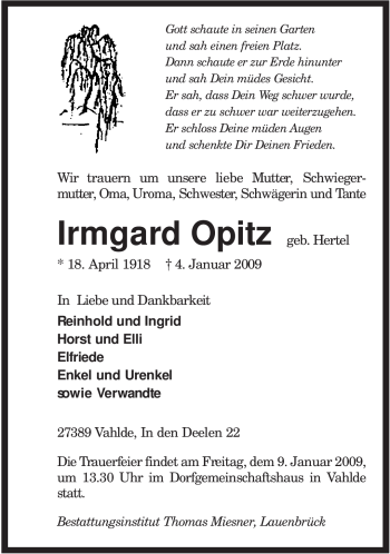 Traueranzeige von Irmgard Opitz von KREISZEITUNG SYKE