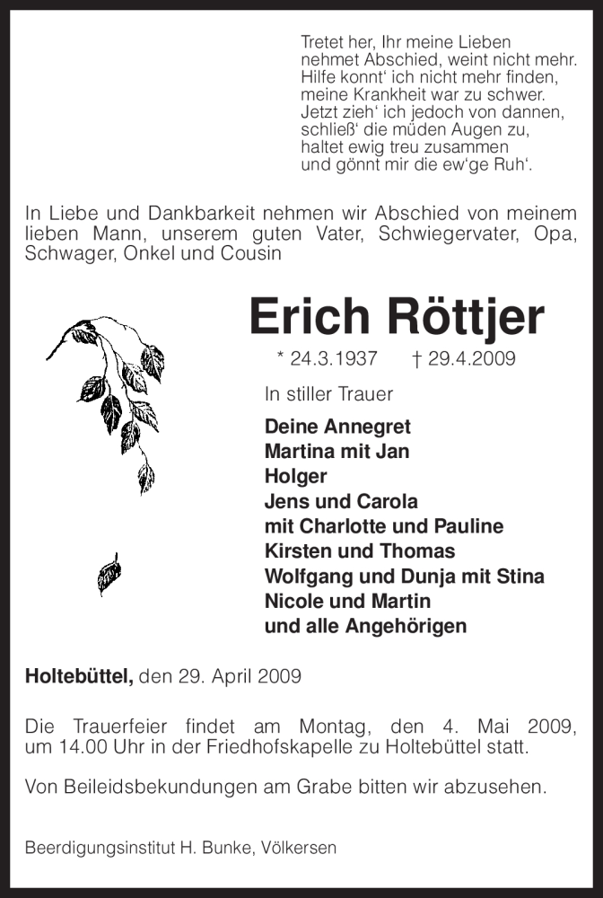  Traueranzeige für Erich Röttjer vom 30.04.2009 aus KREISZEITUNG SYKE