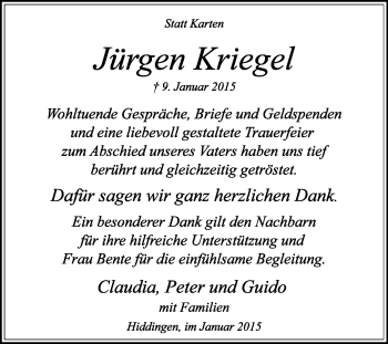 Traueranzeige von Jürgen Kriegel von KRZ