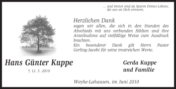 Traueranzeige von Hans Günter Kuppe von KREISZEITUNG SYKE