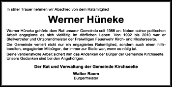 Traueranzeige von Werner Hüneke von KREISZEITUNG SYKE