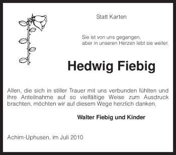 Traueranzeige von Hedwig Fiebig von KREISZEITUNG SYKE