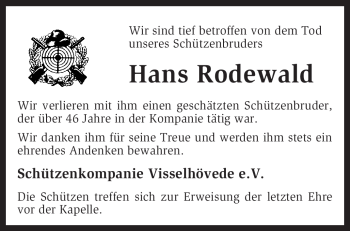 Traueranzeige von Hans Rodewald von KREISZEITUNG SYKE