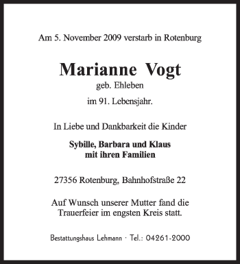 Traueranzeige von Marianne Vogt von KREISZEITUNG SYKE