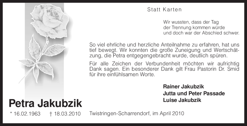  Traueranzeige für Petra Jakubzik vom 29.04.2010 aus KREISZEITUNG SYKE