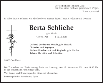 Traueranzeige von Berta Schliehe von KREISZEITUNG SYKE